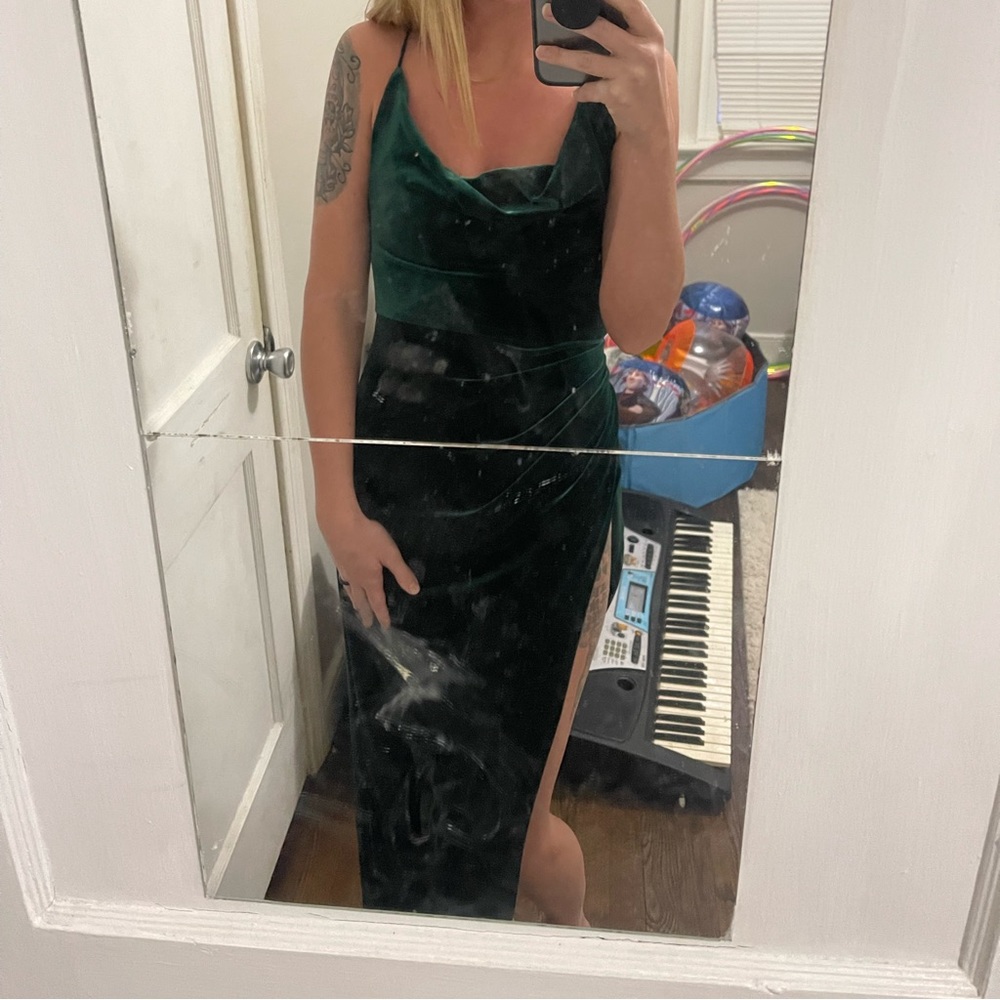 Green velvet dress with high slit